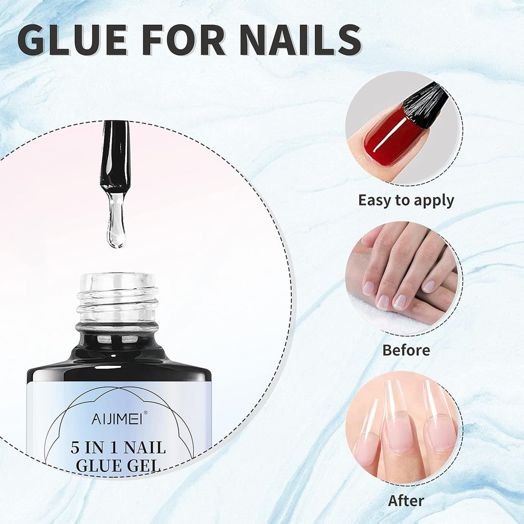 5-in-1 Nail Glue Gel: Clear Press-On Nail Adhesive, Base & Top Coat, Rhinestone Glue, and Nail Strengthener - UV Cure Required (2PCS)