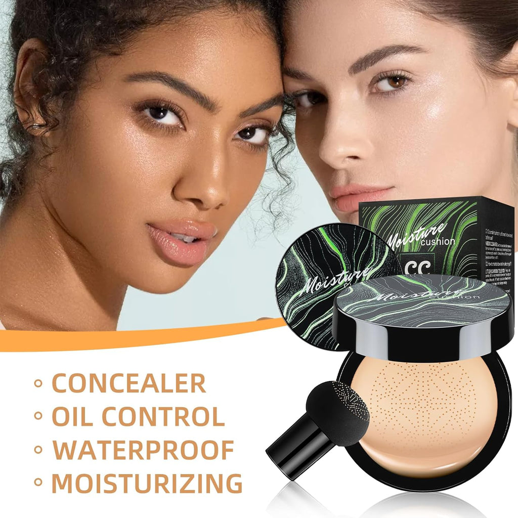 Mushroom Head Air Cushion CC Cream - BB Cream Foundation Makeup Moisturizing Concealer Long-Lasting, Cushion Foundation Full Coverage Self Adjusting for Mature Skin & All Skin Types （Medium Deep)