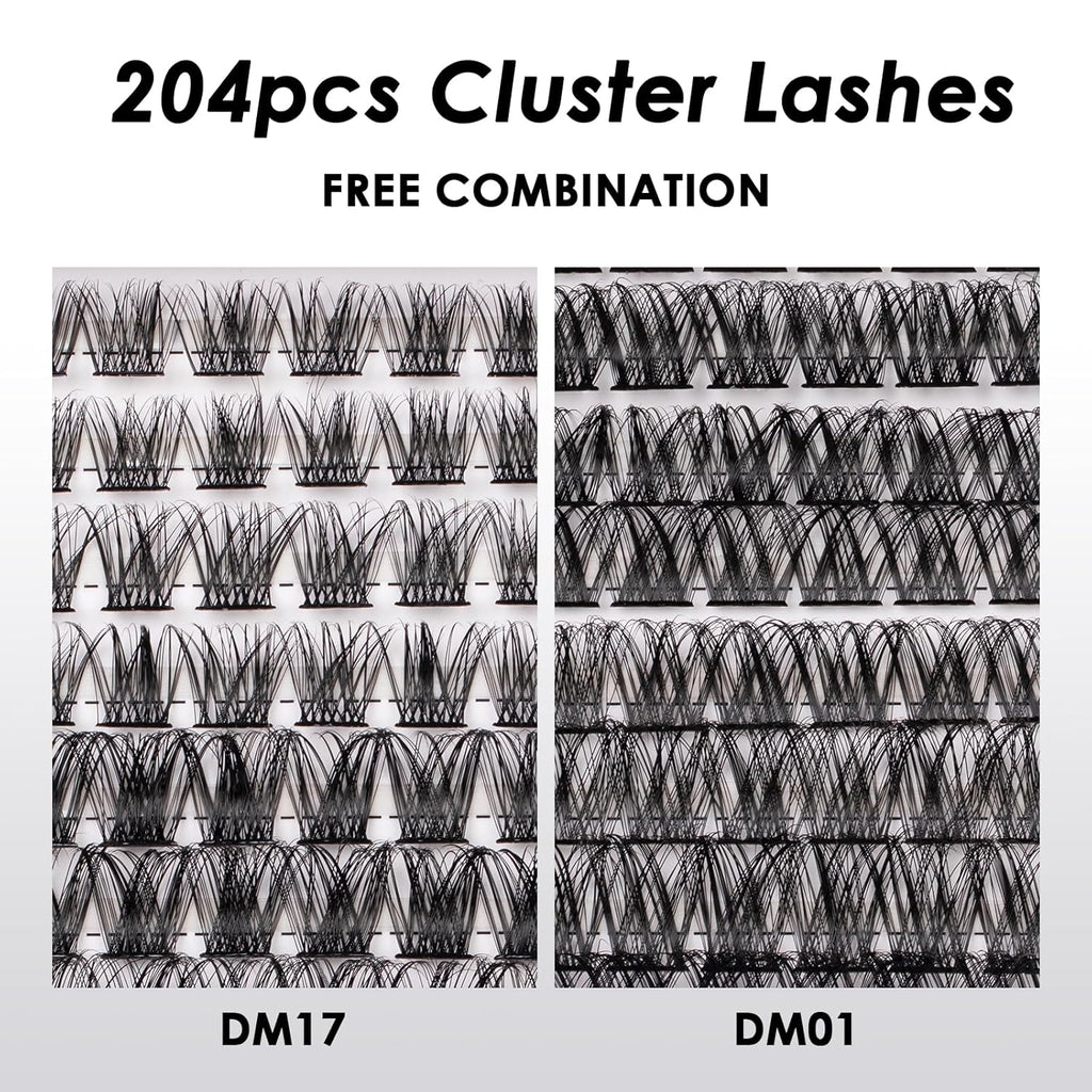 Lash Clusters 204 Pcs Individual Lashes Clusters Eyelash Extensions False Eyelashes DIY Lash Extension Kit Reusable False Eyelashes Natural Look Mix 10-16mm C D Curl(DM01+DM17)