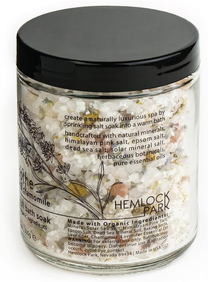 Hemlock Park Soothe Essential Oil Bath Soak | Naturally Soothing Mineral Sea Salt and Botanicals | 10.5 oz Jar | Lavender & Chamomile