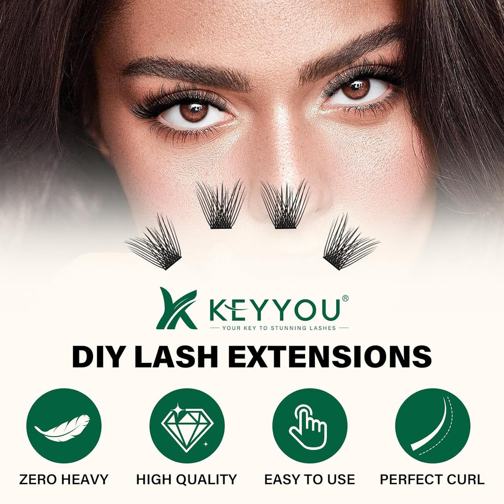 KEYYOU Lash Clusters 144pcs Individual D Curl 14mm Air Touch Cluster Lashes Super Lightweight Soft Wispy Comfortable Easy DIY at Home