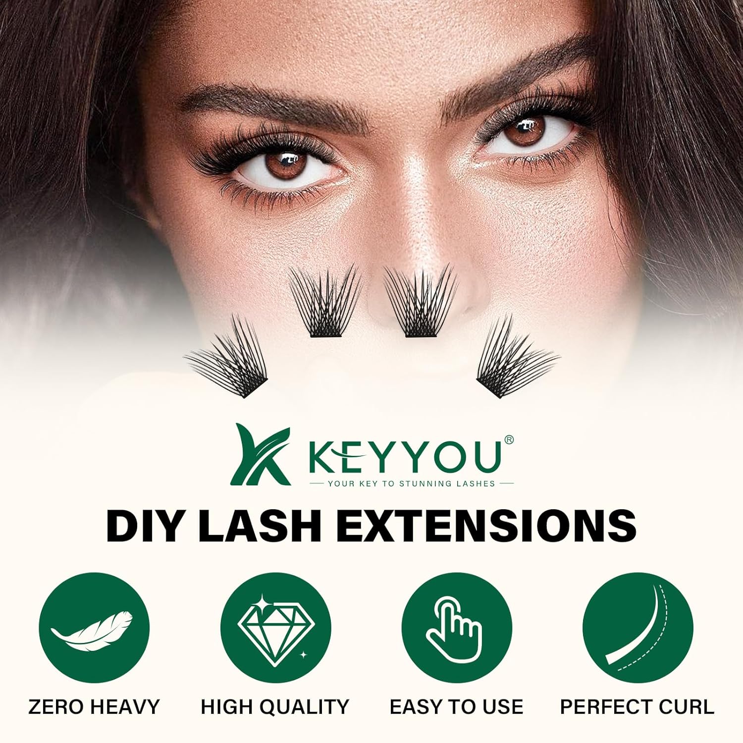 KEYYOU Lash Clusters 144pcs Individual D Curl 18mm Air Touch Cluster Lashes Super Lightweight Soft Wispy Comfortable Easy DIY at Home