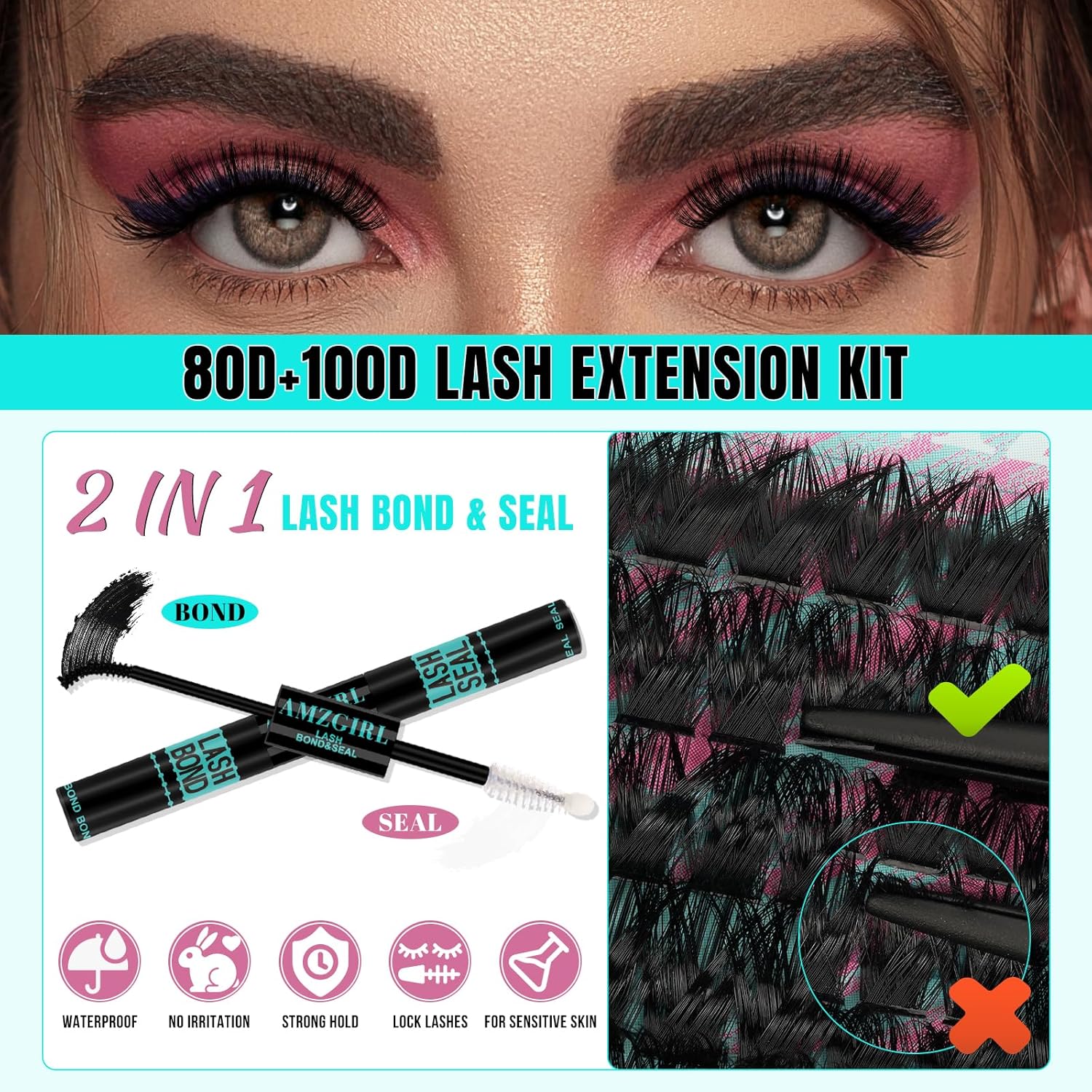Lash Clusters Kit 320Pcs, 80 100D DIY Individual Extensions, Bond and Seal, Remover, Applicator Tool for False Eyelashes at Home (D-Mix10-16mm)