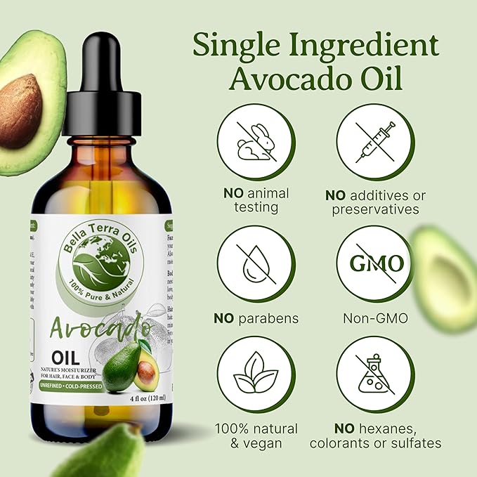 Bella Terra Oils - Avocado Oil 2oz - Celebrate Avocado's Nutritional Legacy, Infused with Monounsaturated Fats, A Delight for Cosmetic Uses