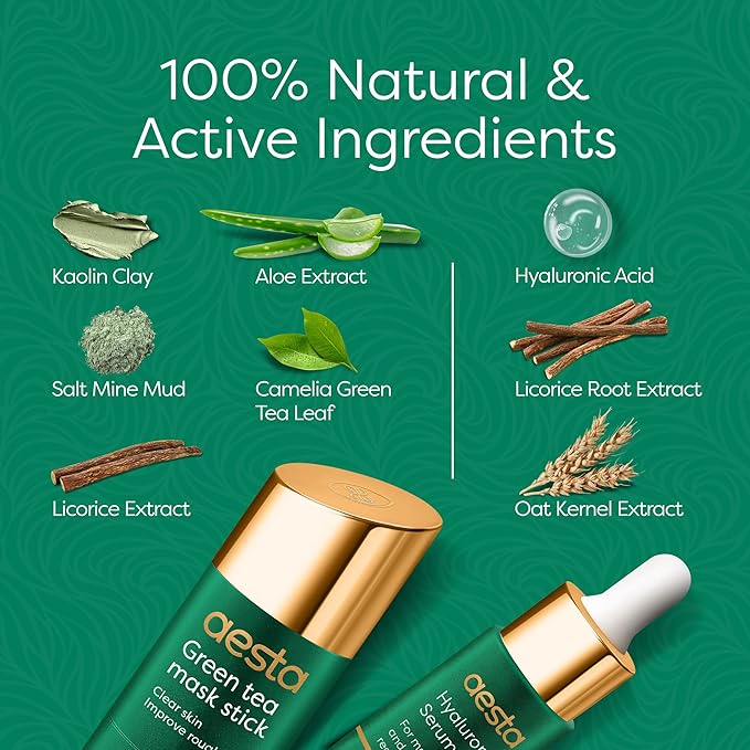 Aesta Green Tea Mask Stick + Hyaluronic Acid Serum for Face Treatment | Gradual Blackhead Remover | Pore-Cleaning, Detoxifying, Skin Care Face Serum w/Anti Aging and Anti Wrinkle Effects