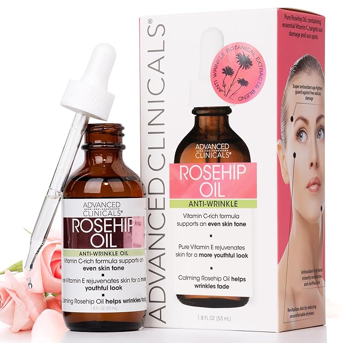 Advanced Clinicals Rosehip Oil For Face With Vitamin E + Botanicals Helps Improve Look Of Dark Spots, Wrinkles, Fine Lines, & Uneven Looking Skin Tone | Moisturizing Skin Care Face Serum, 1.8 Fl Oz