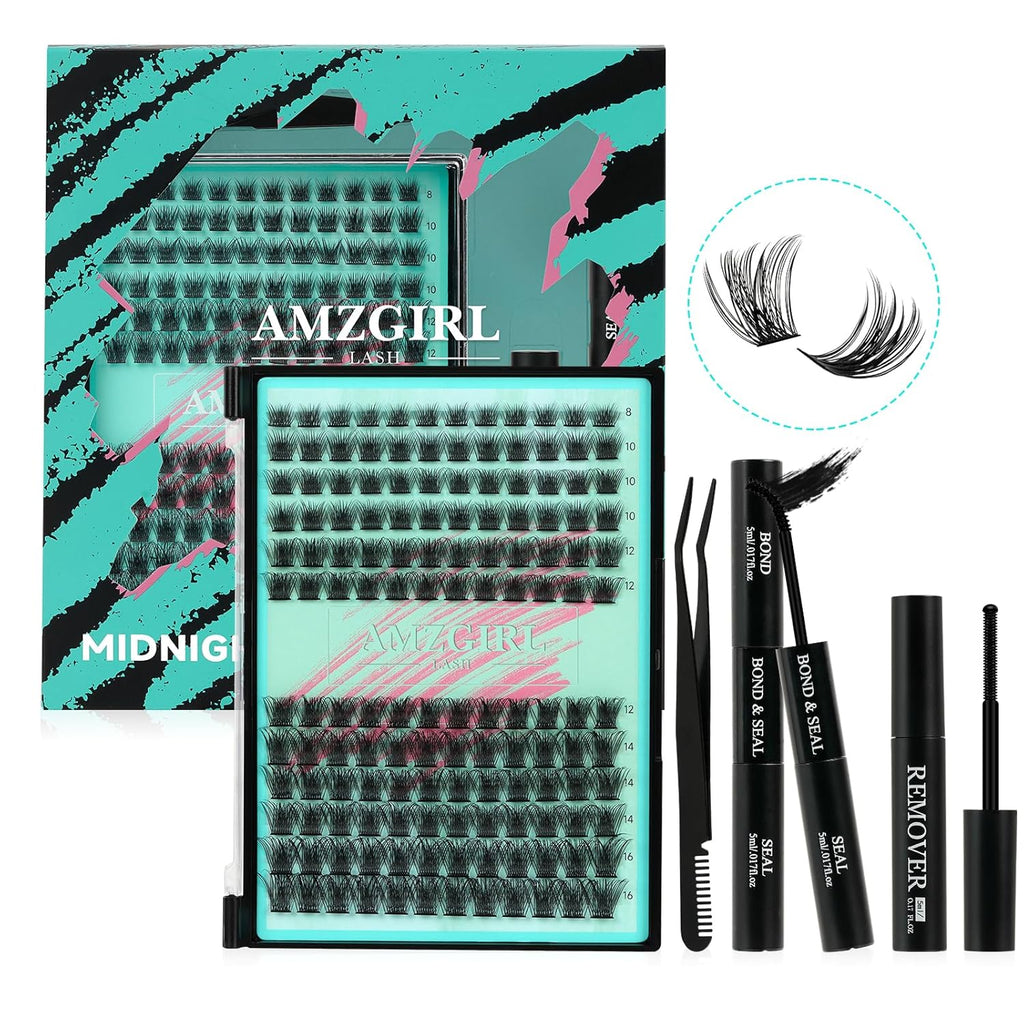 AMZGIRL LASH Midnight DIY Lash Extension Kit, 144 pcs Eyelash Clusters Kit Lash Bond and Seal, Lash Glue Remover and Applicator for Individual False Eyelashes Kit Lash Extensions(D-Mix 8-16mm Kit)