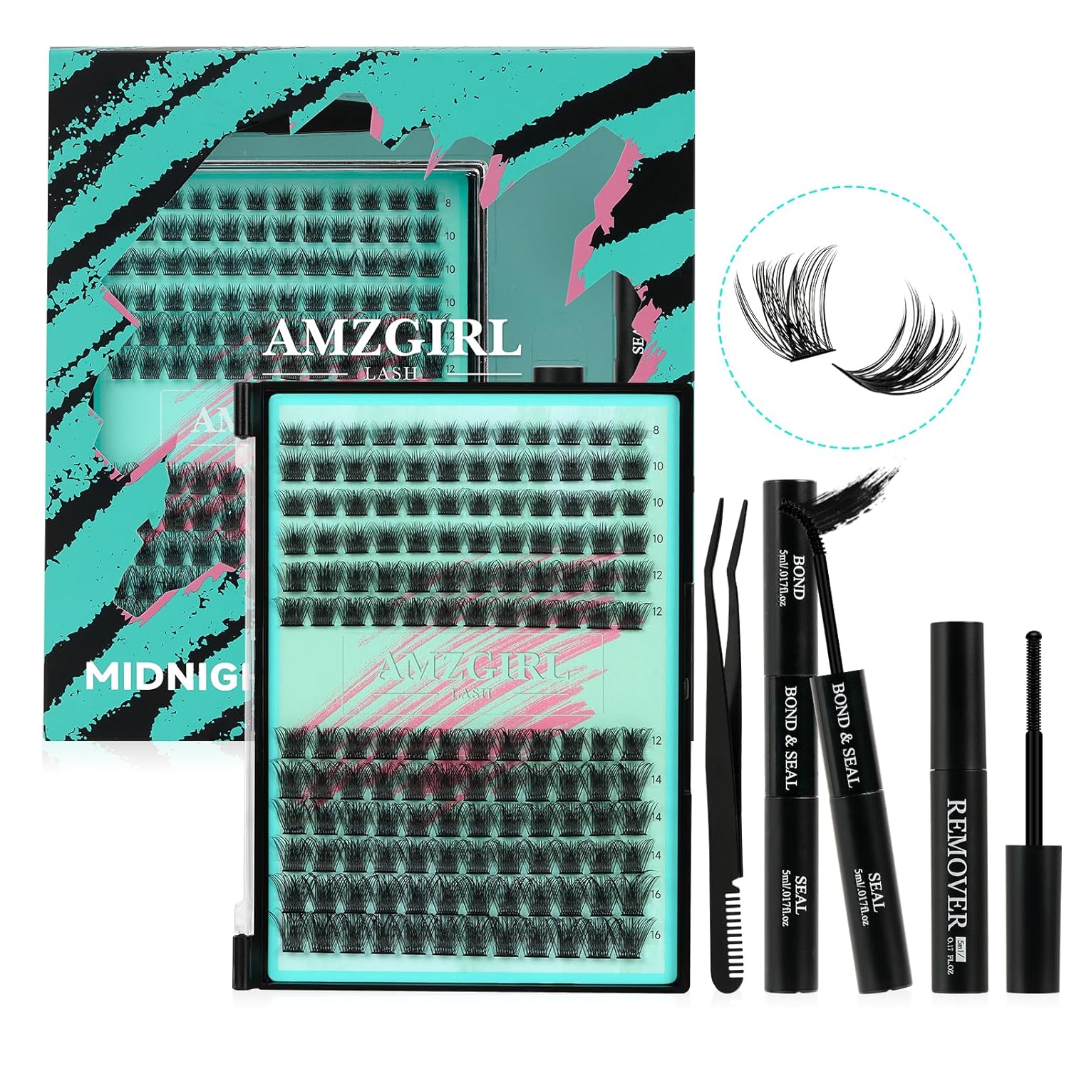 AMZGIRL LASH Midnight DIY Lash Extension Kit, 144 pcs Eyelash Clusters Kit Lash Bond and Seal, Lash Glue Remover and Applicator for Individual False Eyelashes Kit Lash Extensions(D-Mix 8-16mm Kit)