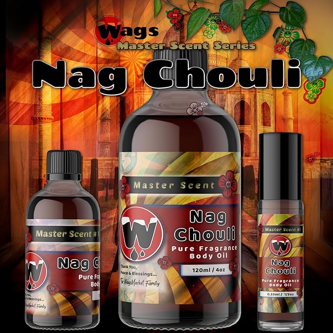 WagsMarket - Nag Champa Perfume Oil & Patchouli Essential Oil, Nag Chouli Essential Perfume Oil, Choose from Roll On to 0.33oz - 4oz Glass Bottle (1oz Glass Bottle)