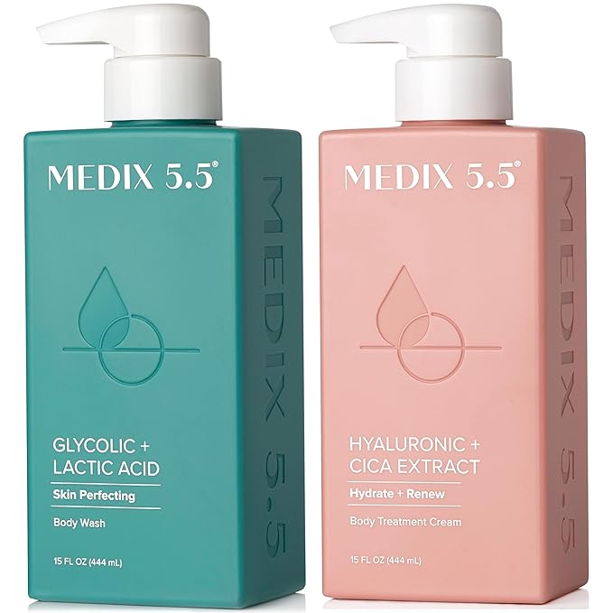 Medix 5.5 Exfoliating AHA Glycolic Acid Face & Body Wash Cleanser + Hyaluronic Acid Moisturizing Body Cream Lotion Skin Care 2PC Set | Alpha Hydroxy Acid & Lactic Acid Foaming Face Wash