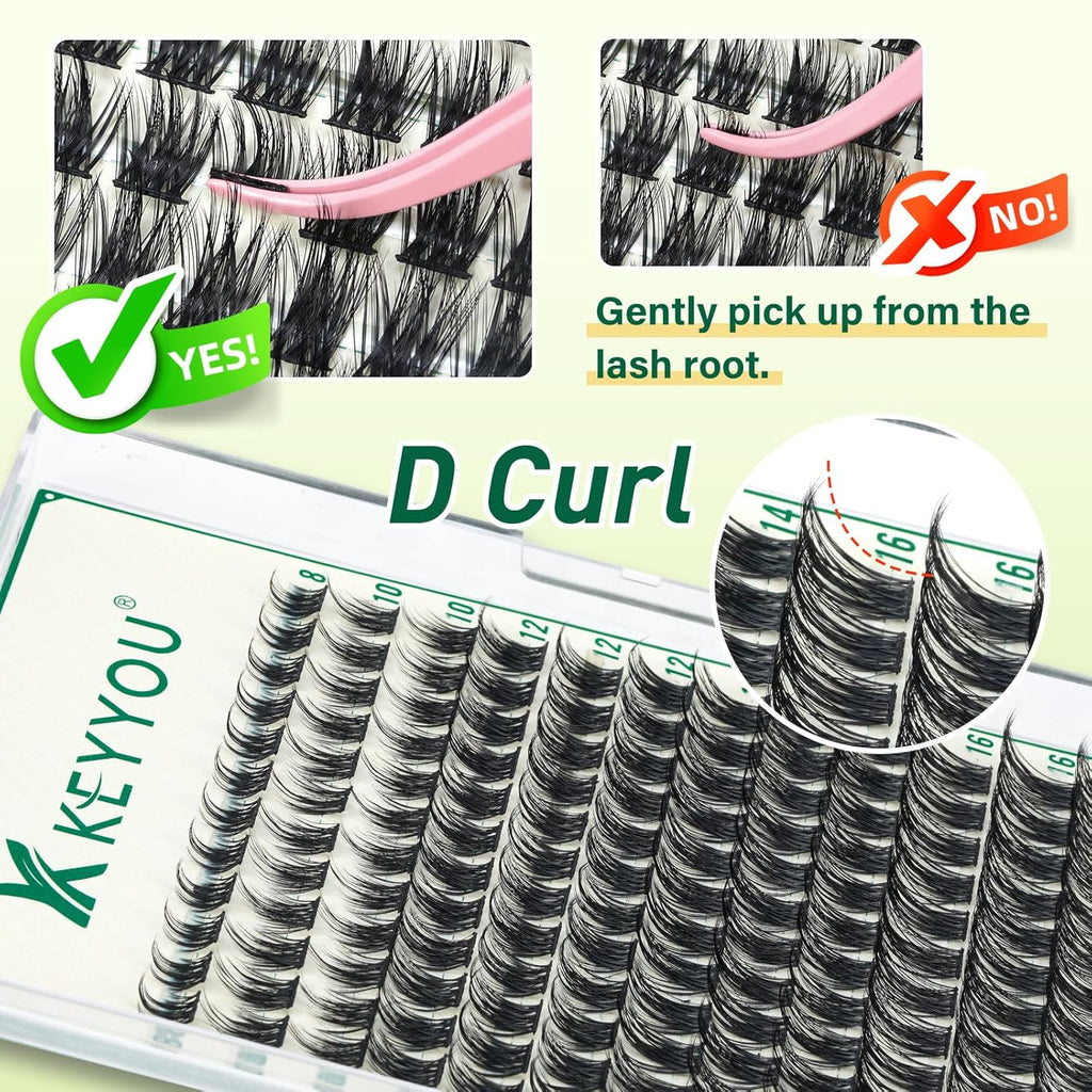 KEYYOULASH Lash Clusters Manga Lash Extension D Curl 144pcs 8-18mm Wispy Eyelash Clusters Natural Volume Eyelash Extensions Individual Lashes DIY at Home(KY06,D-8-18MIX)