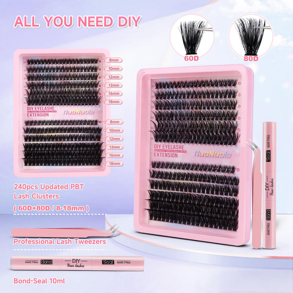 DIY Lash Clusters Kit 240pcs Natural Eyelash Extension Kit, 8-16mm 60D 80D Individual Lashes Kit with Lash Bond and Seal, Lash Extension Kit for Self Use (60D&80D, 0.07D, 8-16mm, Kit)