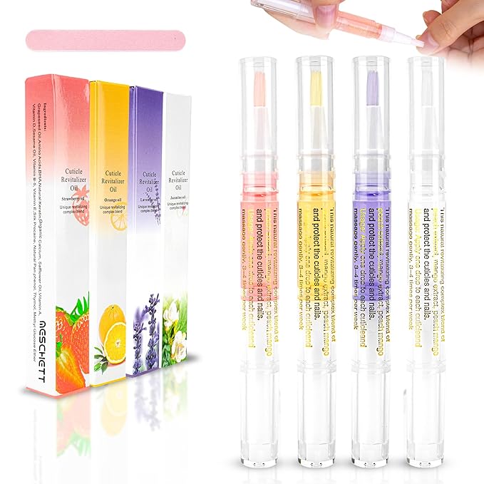 Meschett Cuticle Oil Pens with Nail File for Nail Care, 4PCS Nail Pen Oil with Natural Ingredients, Fingernails and Toenails Oil Cuticle for Repairing Cracked(Mix Flavors)