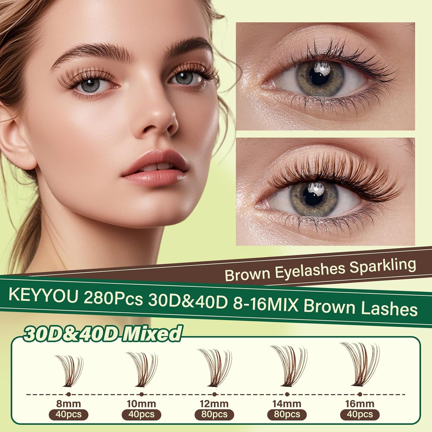 KEYYOU Brown Lash Clusters Natural Lash Extensions Wispy Eyelash Clusters 280Pcs D Curl Eyelash Extensions for Beginner Friendly Dark Lash Clusters Brown Eyelash Extensions (Brown-30D40D-D-8-16MIX）