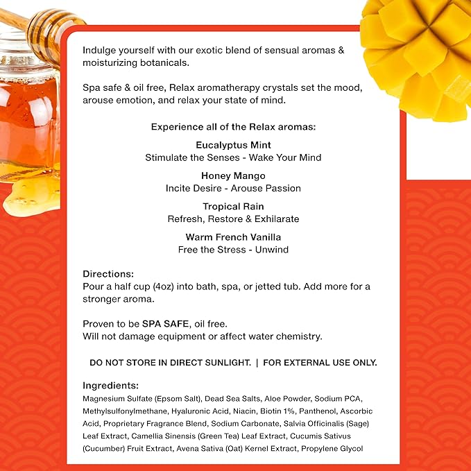 Relax Spa & Bath, Epsom & Dead Sea Salts, Aromatherapy Bath Salts for Hot Tub, Bath, or Spa, Infused with Magnesium, Mothers Day Gifts & Gifts for Mom, Honey Mango Scent