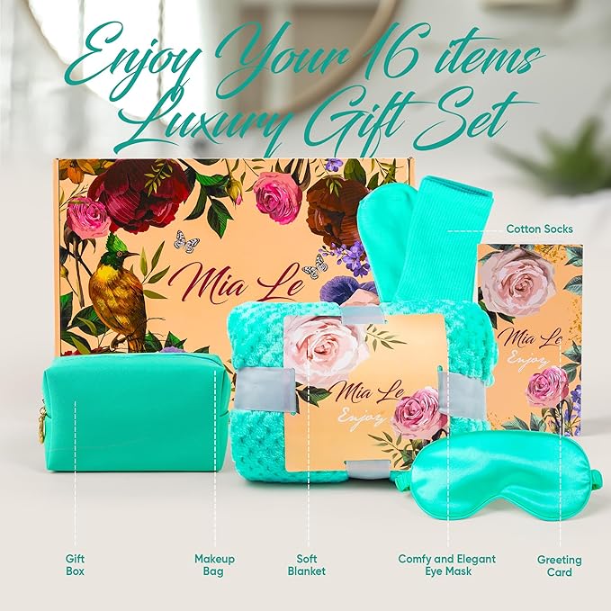 16 pcs Luxury Relaxing Spa Gift Basket Set - Perfect for Birthdays, Christmas, Get Well, Thank You, Bridal Shower, Gifts for Women & Men. Includes Bath Bombs (16 pcs, Turquoise)