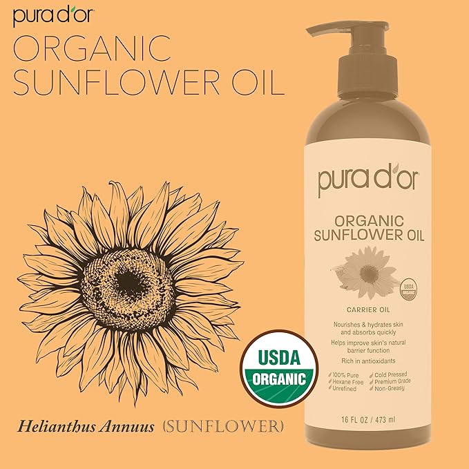 PURA D'OR 16 Oz ORGANIC Sunflower Seed Oil - 100% Pure & Natural USDA Certified Cold Pressed Carrier Oil For DIY Beauty - Unscented, Hexane Free Liquid Moisturizer - Face Skin & Hair - Men & Women