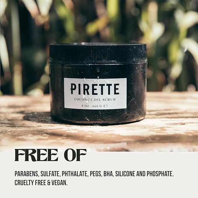 PIRETTE Coconut Oil Scrub, Women’s Beach Inspired Sugar Body Scrub, Safe for Sensitive Skin, Notes of Fresh Coconut, Surf Wax & Sunscreen, 8 Fl Oz