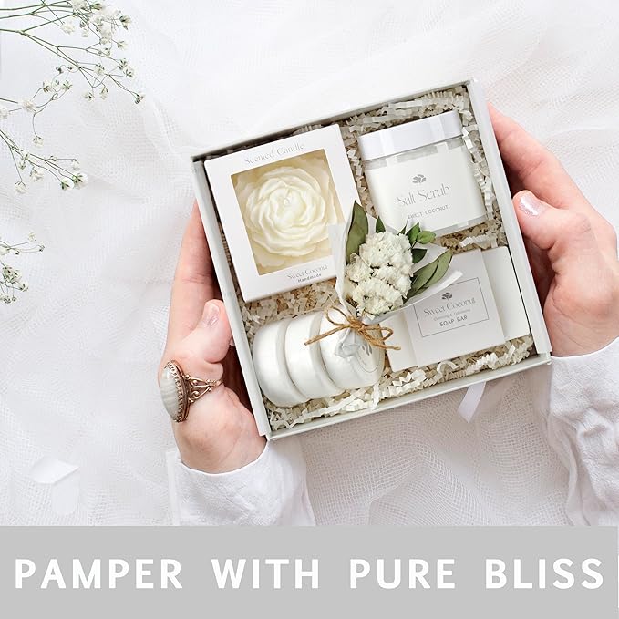 Sweet Coconut Spa Gift Baskets for Women – Luxury Birthday Bath Gifts for Mom, Wife, Sister, Friend - Self-Care and Relaxation Mother’s Day Gifts - Gift Baskets for Her for All Occasions