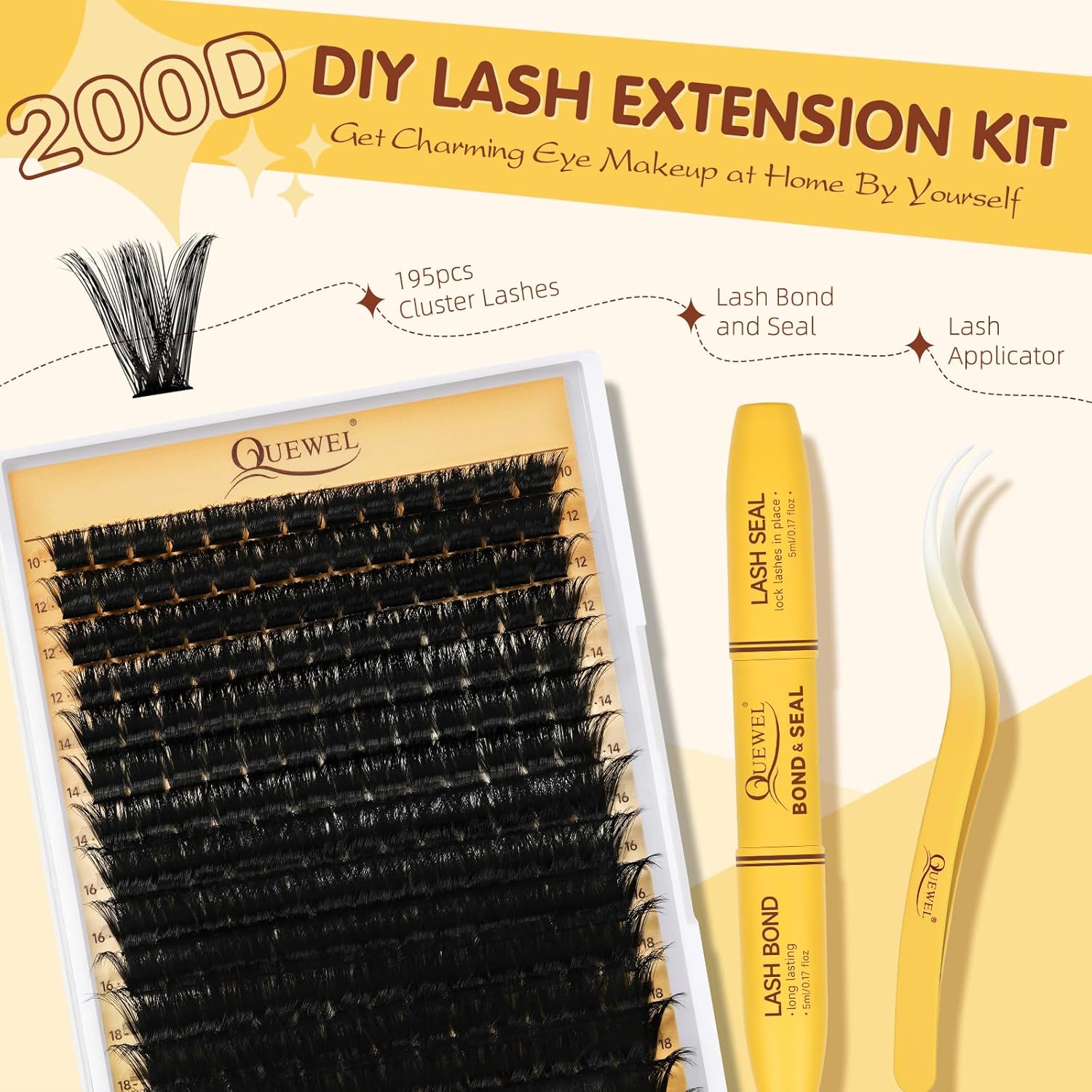 QUEWEL DIY Lash Extension Kit, 300pcs Cluster Lashes Mixed 10-20mm Lash Clusters Kit with Lash Bond and Seal Waterproof, Lash Applicator and Brush, DIY Lash Extensions at Home(200D RR-KIT)