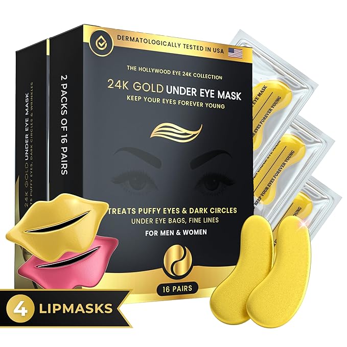 32 Pairs 24K Gold Under Eye Patches with 4 pieces of Lip Mask, Anti-Aging Eye Mask, Under Eye Mask Dark Circles and Puffiness, Wrinkles Patches with Hydrogel, Collagen Eye Pad