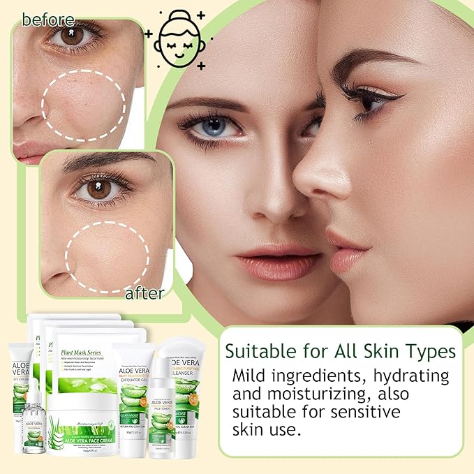 Aloe Vera Skincare Set,Hydrating Travel Size Face Wash,Moisturizing Face Toner & Face Serum & Face Cream,Eye Cream Skin Care Gift Set for Women（9PCS)