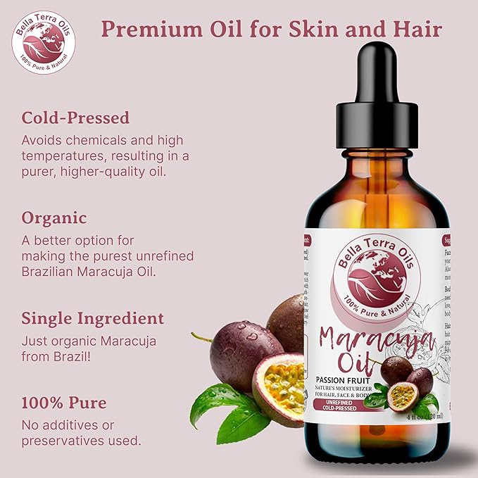 Bella Terra Oils - Maracuja Seed Oil 4oz - Dive into The Passion Fruit's Nutritional Profile, Enriched with Vitamin A & Essential Fatty Acids, for Natural Skin Nourishment