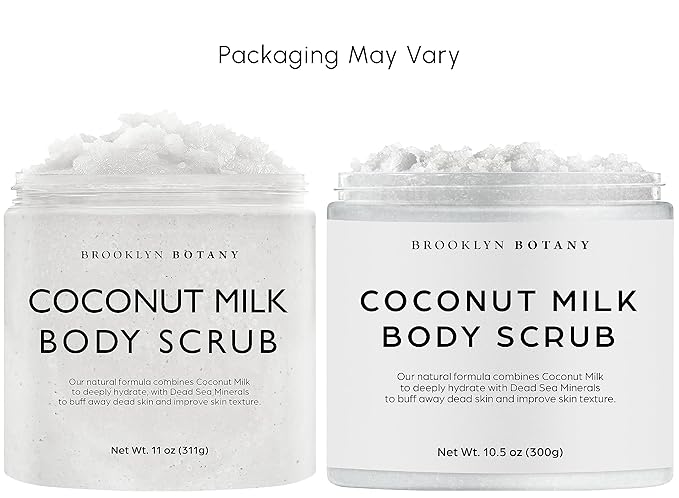 Brooklyn Botany Dead Sea Salt and Coconut Milk Body Scrub - Moisturizing and Exfoliating Body, Face, Hand, Foot Scrub - Fights Stretch Marks, Fine Lines, Wrinkles - Great Gifts for Women & Men - 10 oz