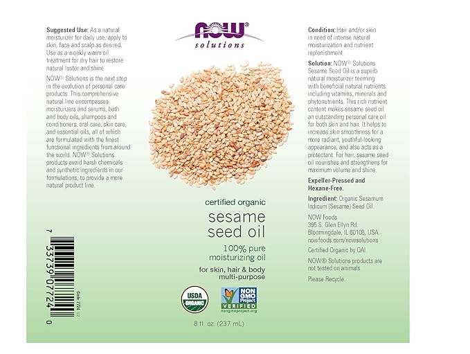 NOW Foods Solutions, Organic Sesame Seed Oil, 100% Pure Moisturizing Oil for Skin and Hair, with Vitamins, Minerals and Phytonutrients, 8-Ounce