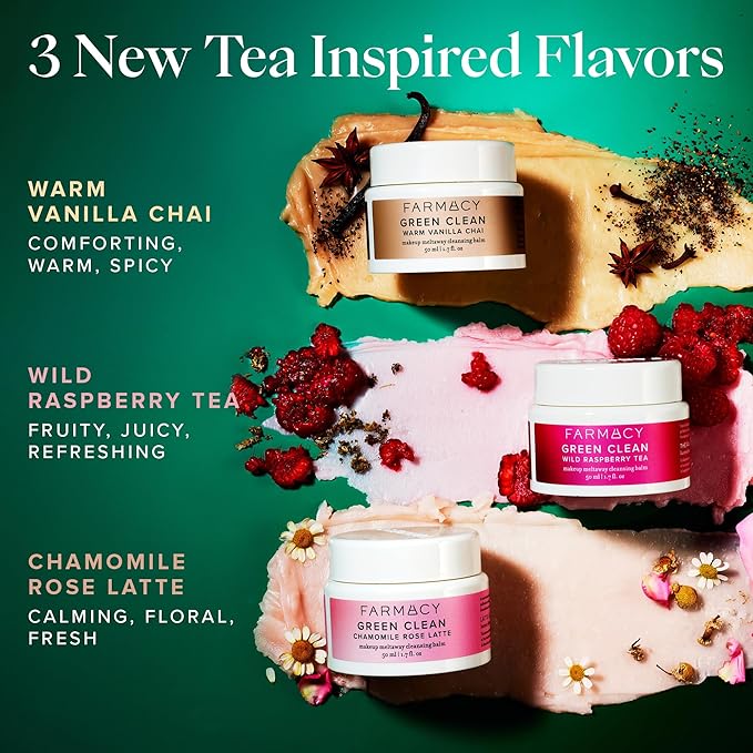 Farmacy Cleansing Balm Skin Care Set - Tea Harvest Travel Size Makeup Remover - Limited Edition Skincare Set Includes Warm Vanilla Chai, Wild Raspberry Tea + Chamomile Rose Latte (3 Count)