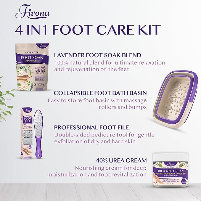 Fivona Foot Care Kit 4 in 1 - Foot Soak Blend with Epsom Salt, Lavender and Essential Oils - Collapsible Foot Soak Basin - 40% Urea Cream for Hard, Dry Skin - Dual Action Foot File