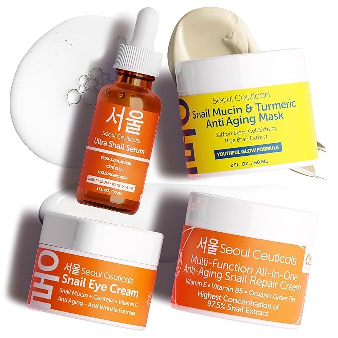 Korean Skin Care Set - Snail Mucin Glow Kit Contains Snail Hyaluronic Acid Serum + Snail Turmeric Mask + Snail Eye Cream + Snail Face Cream Moisturizer