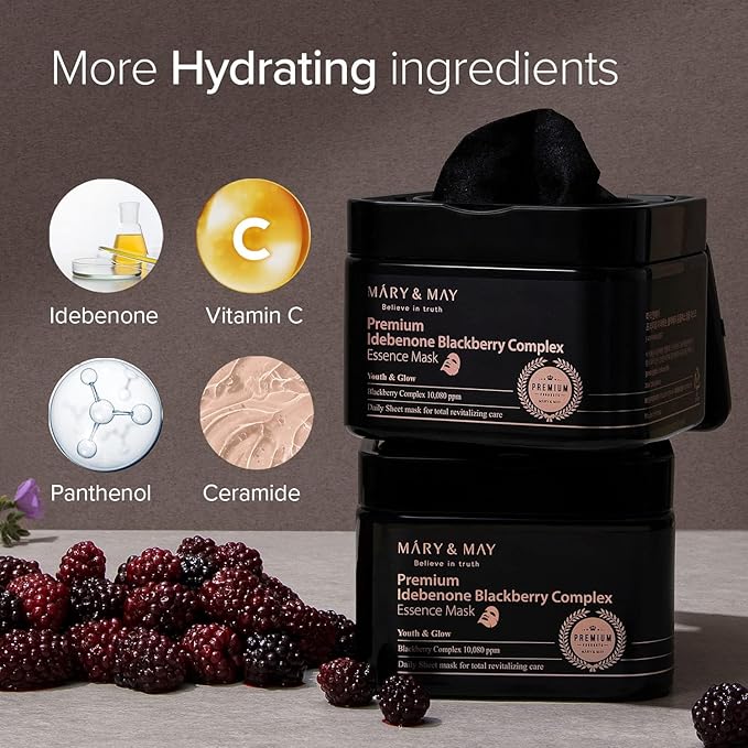 Mary&May Niacinamide + Chaenomeles Sinensis Face Serum + Premium Idebenone Blackberry Complex Essence Mask Bundle