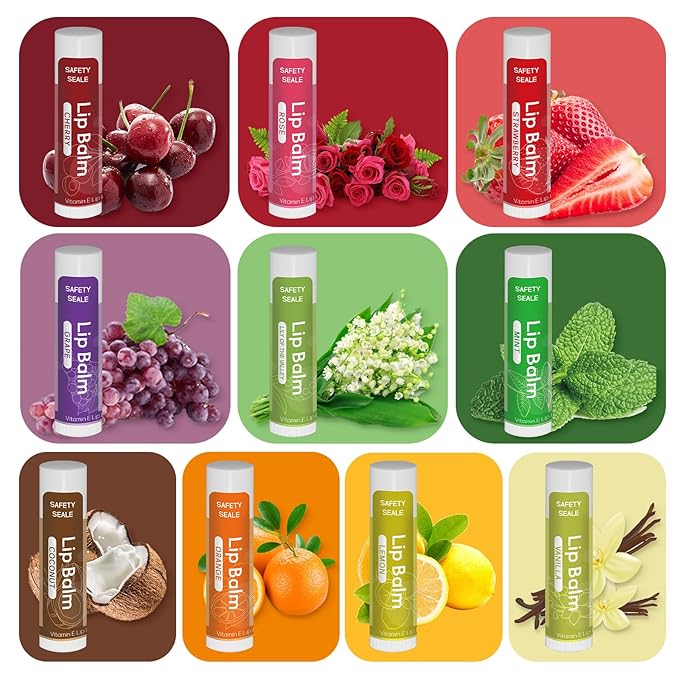 10 Pack Natural Lip Balm Bulk with Vitamin E and Coconut Oil - Moisturizing, Sootand Cracked Lips, Mini Chap Stick Gifts for Kids Women Men- 10 Flavors - Non-GMO