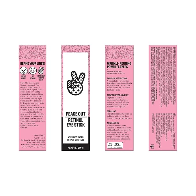 PEACE OUT Skincare Retinol Eye Stick, Daily Retinol Anti-Aging Under Eye Serum Balm, Helps Reduce Fine Lines and Dark Circles, Revitalize Area with Peptides and Astaxanthin (.14 oz)