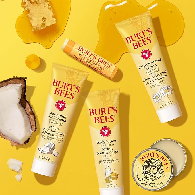 Burt's Bees Gift Ideas - Essentials Everyday Set, 5 Travel Size Products - Deep Cleansing Cream, Hand Salve, Body Lotion, Foot Cream and Original Lip Balm