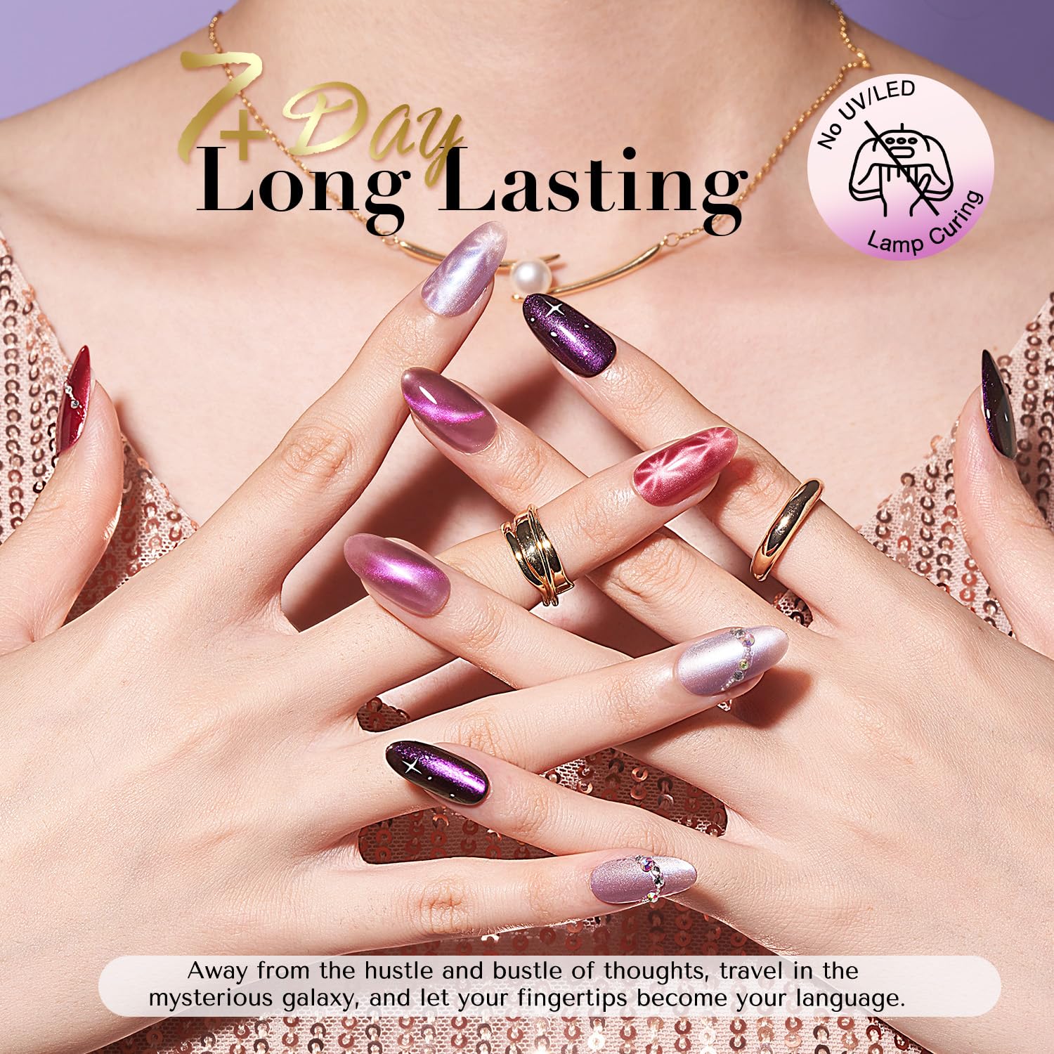 AZUREBEAUTY Cat Eye Nail Polish Set Quick Dry Mooncat Glitter Holographic Purple Black Red 4 Colors Natural Fingernail with Top Coat DIY Salon Home no Gel