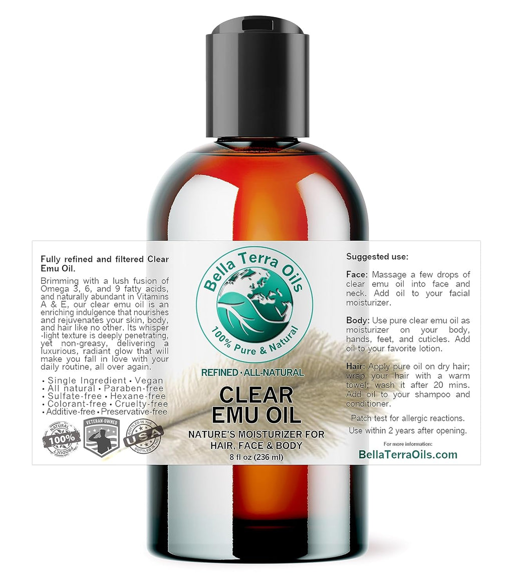 Bella Terra Oils - Clear Emu Oil 8 oz - Harnessing the Power of Pure Emu, Abundant in Natural Nutrients & Fatty Acids, Elevate Your Skin's Glow