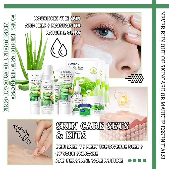 10Pcs Skin Care Kit,Skincare Gift Set with Facial Cleanser,Toner,Serum,Eye Cream, Face Cream,Exfoliating Gel,Sleeping Lip Mask & 3 Pcs Aloe Vera Mask Kit for Women