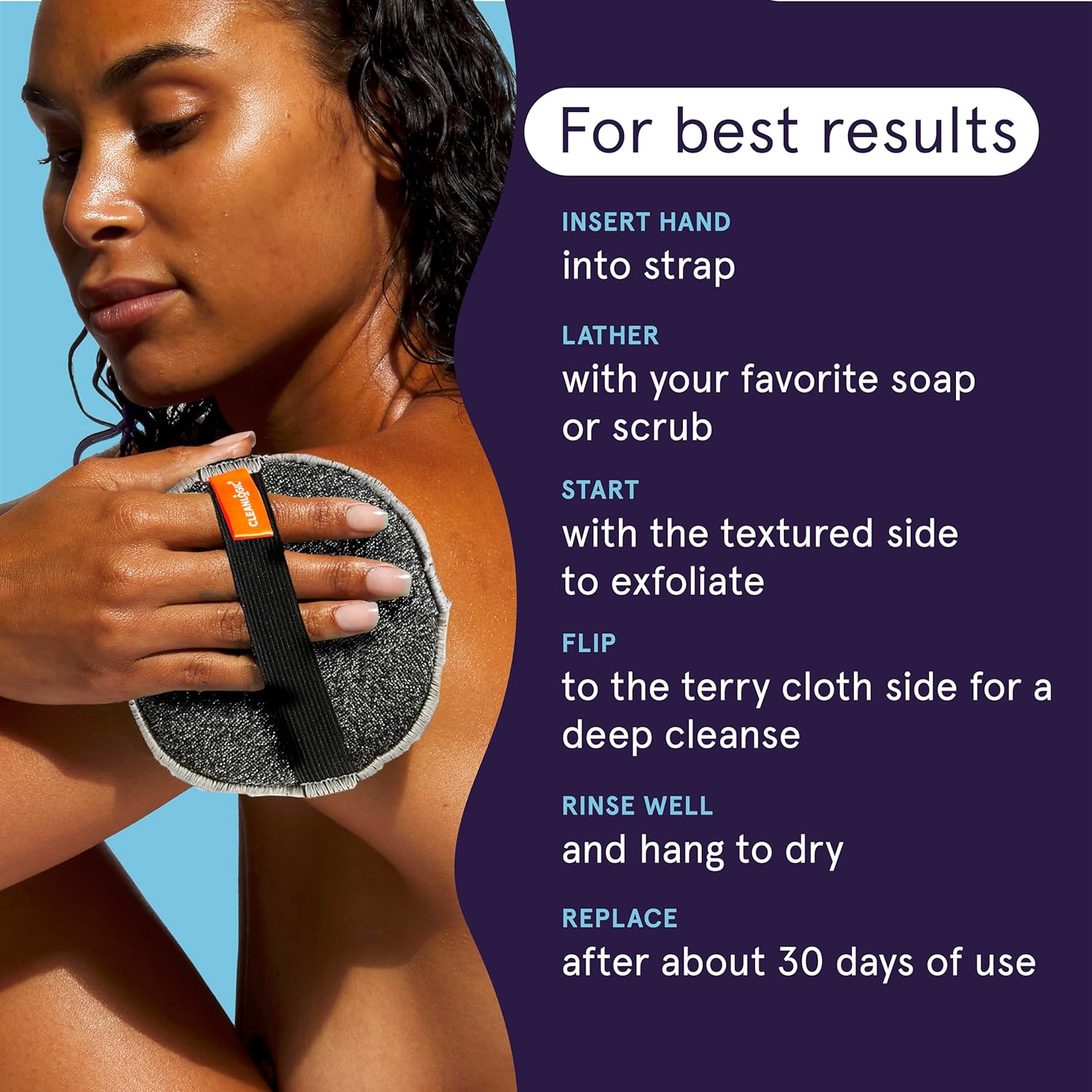 Cleanlogic Detoxify Purifying Charcoal Infused Exfoliating Body Scrubber, Dual-Texture Round Exfoliator Tool for Smooth, Clean Skin, Daily Skincare Routine, 3 Count Value Pack