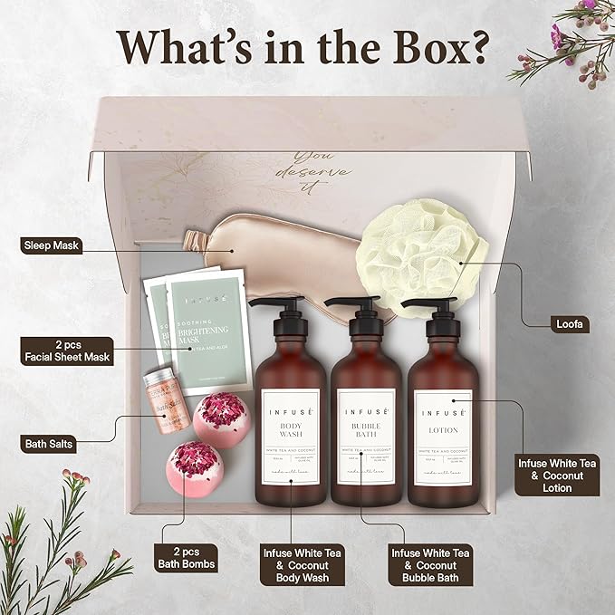 10-Piece Spa Gift Box for Women | Self-Care Set with Eye Mask, Loofa, Bath Bombs, Face Masks, Bubble Bath, Lotion, Body Wash & Bath Salt | Perfect Gift for Mom, Grandma, Wife, or Loved Ones