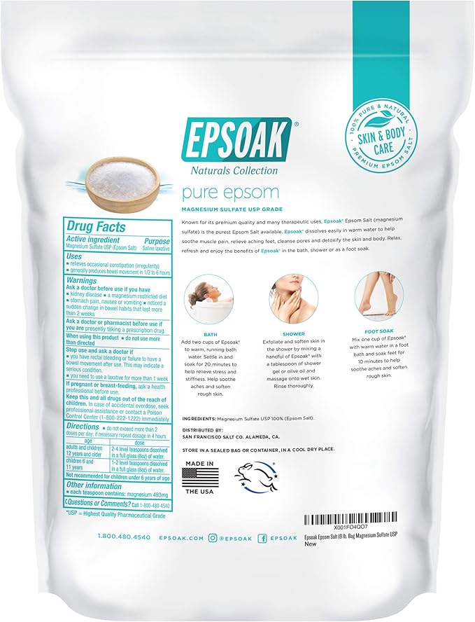 Epsoak Epsom Salt 19 lb. Magnesium Sulfate USP, Resealable Epsom Salt Bulk Bags Unscented, Made in The USA, Cruelty-Free Certified