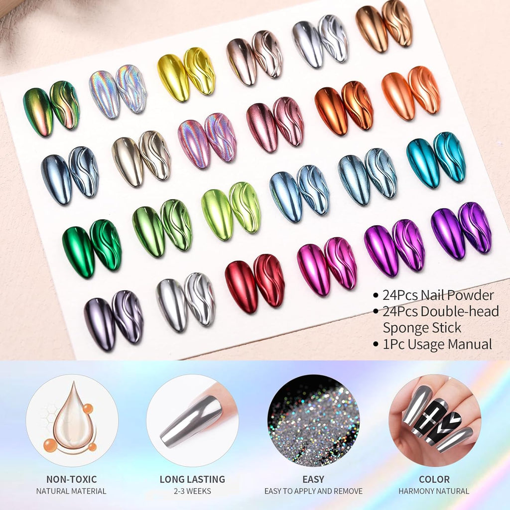 Born Pretty Mirror Chrome Nail Powder Set, 24 Colors Metallic Mirror Effect Nail Powder Holographic Aurora Chameleon Pigment Gold Silver Red Pink Purple Blue Green Manicure Nail Art Decoration Sets