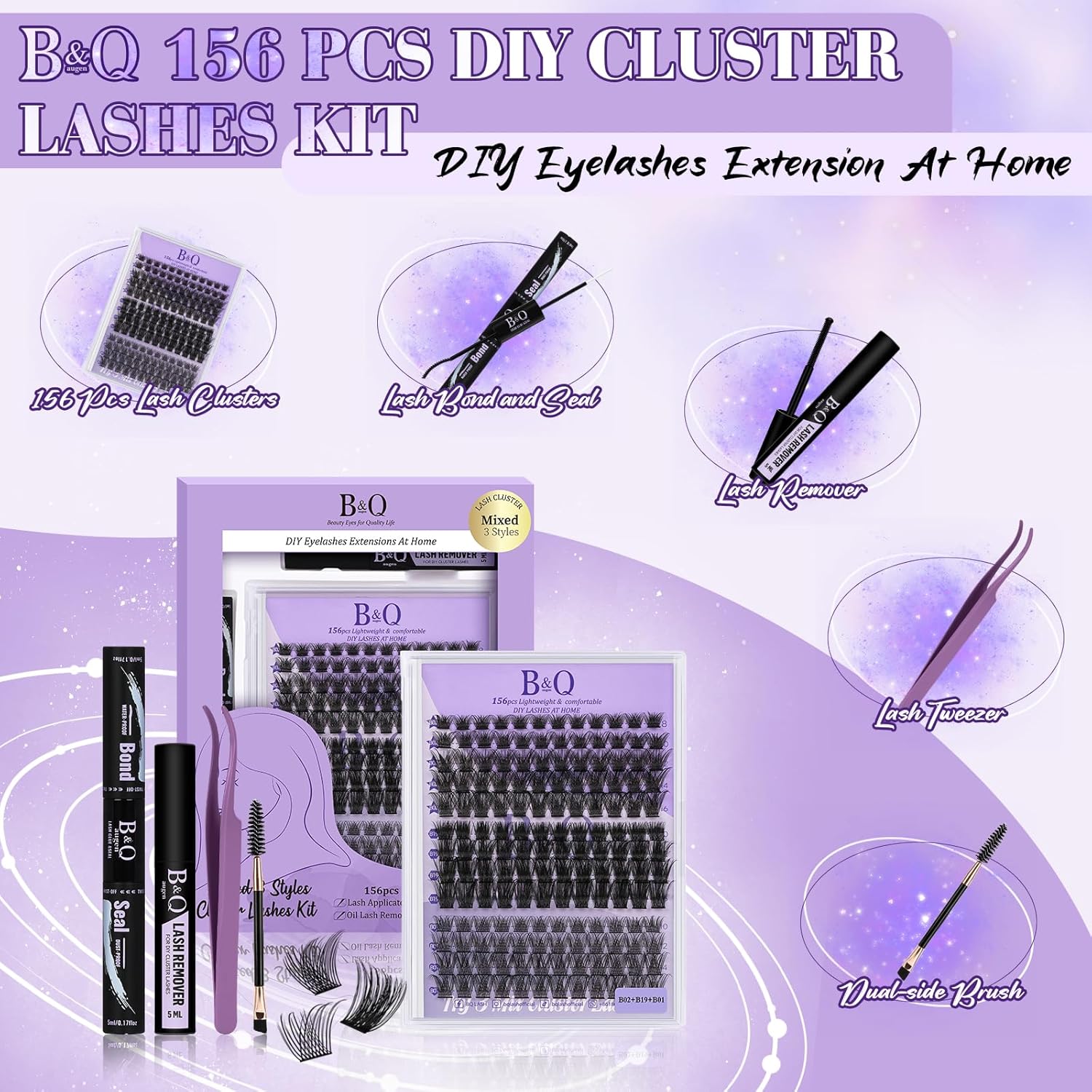 B&Qaugen Lash Clusters 156PCS Lash Clusters Kit B01+B02+B19 DIY Lash Extension Kit Eyelash Extension Kit 8-18mm Wispy Lashes Clusters with Lash Bond & Seal Lash Applicator Tool for DIY (Andromeda)