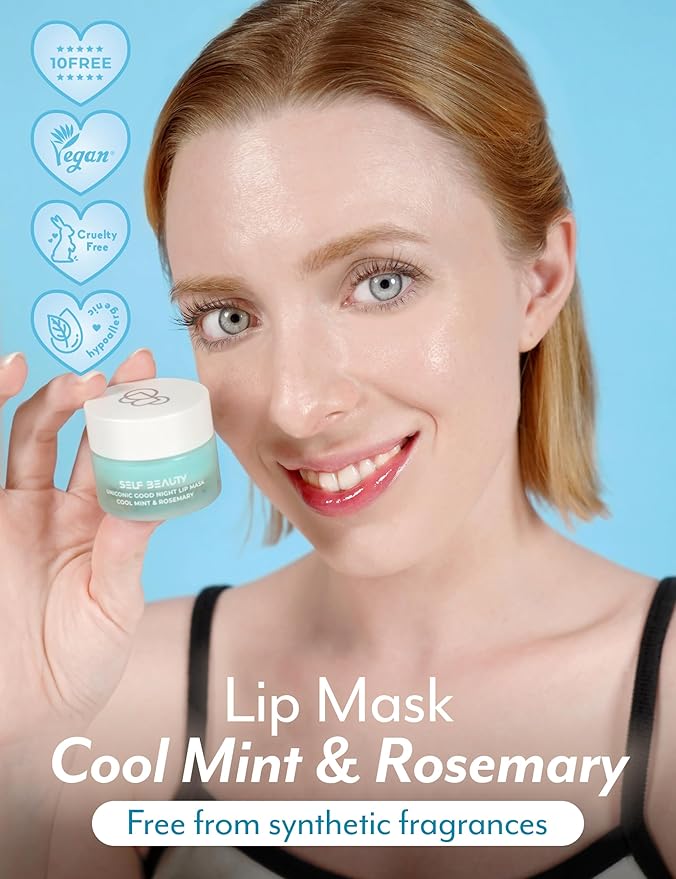 SelfBeauty Cool Mint Rosemary Lip Mask - Vegan Balm, Daily Moisturizer, Overnight Hydrating Treatment With Cool Mint, Scrub Exfoliator Intensive Repair, 0.51fl.oz