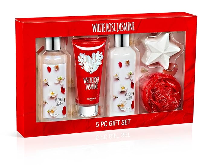 Freida & Joe Fragrance Bath & Body Collection Gift Box, Includes Shower Gel, Body Lotion, Body Scrub, Bath Bomb & Sponge (White Rose Jasmine)
