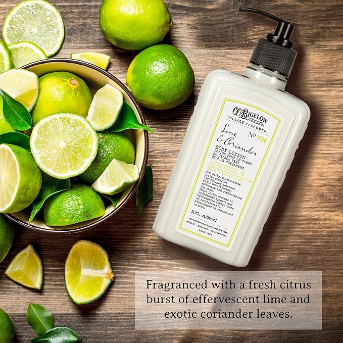 C.O. Bigelow Lime Coriander Body Lotion for Women and Men, Village Perfumer Lotion with Olive Oil, Borage Oil, and Aloe Vera Concentrate, 10 fl oz