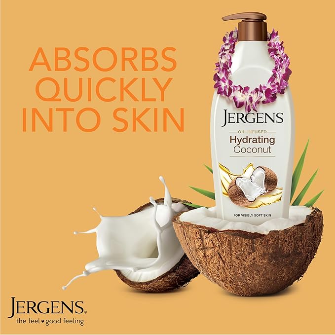 Jergens Hydrating Coconut Body Lotion, Hand and Body Moisturizer, Infused with Coconut Oil, Hydrates Dry Skin Instantly, Dermatologist Tested, 16.8 oz