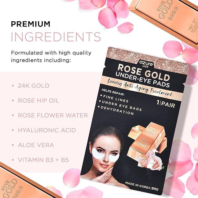 AZURE Rose Gold Luxury Anti Aging Under Eye Pads - Lifting, Smoothing & Hydrating Eye Mask Patches - Reduces Fine Lines, Wrinkles, Dark Circles & Puffiness - Skin Care Made in Korea - 10 Pairs