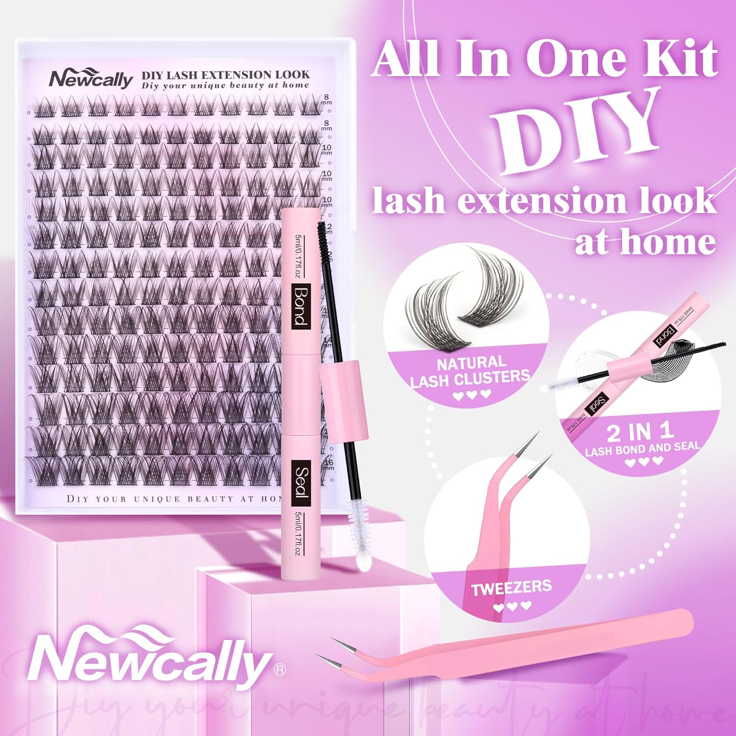 Natural Lash Clusters Kit DIY Lash Extension Kit Wispy Cluster Eyelash Extension 10-16MM C-curly Individual Lashes Kit Lash Bond and Seal by Newcally